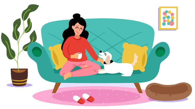 Ilustração da terapeuta com um cachorro no sofá